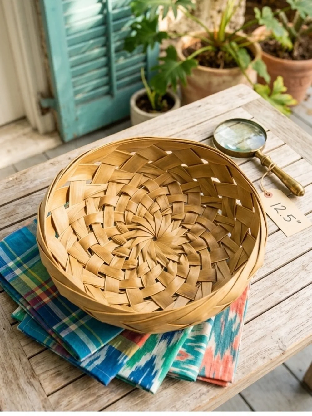Vintage Key West Hand Woven Palm Leaf Basket‎ Bowl Sunburst Pattern 12.5 inch